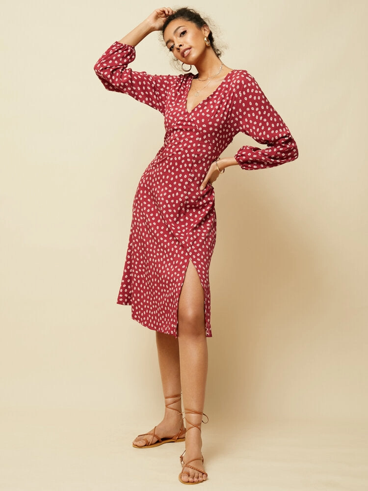 Chiffon Polka Dot Print Split Long Sleeve Causal Women Midi Dress