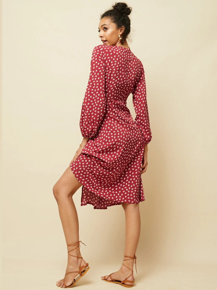 Chiffon Polka Dot Print Split Long Sleeve Causal Women Midi Dress