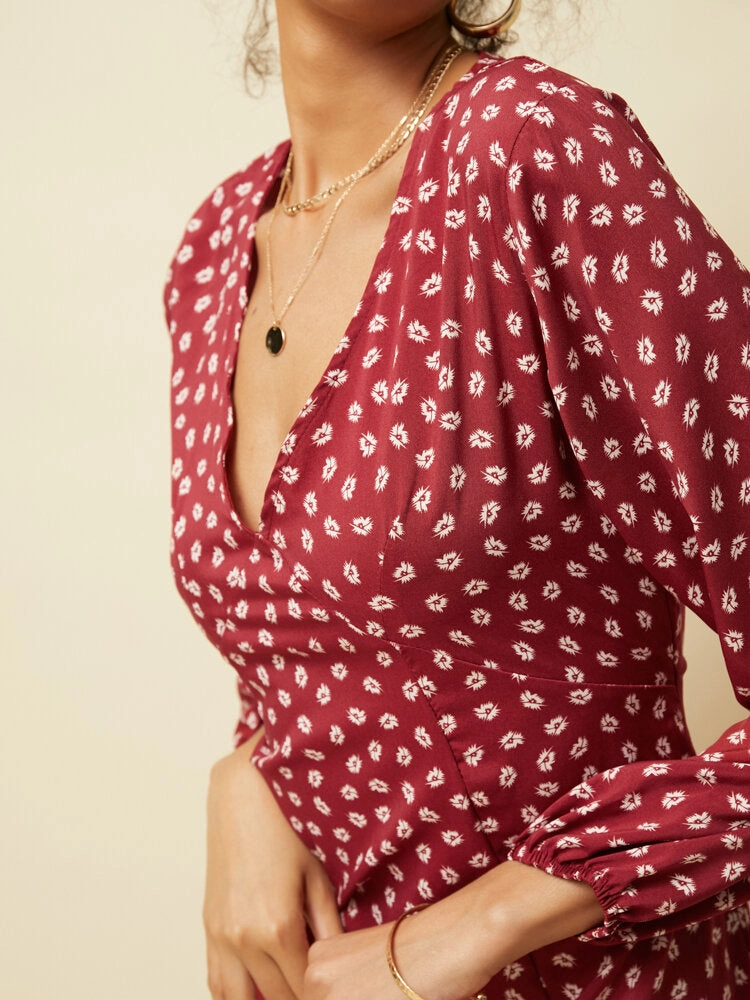 Chiffon Polka Dot Print Split Long Sleeve Causal Women Midi Dress