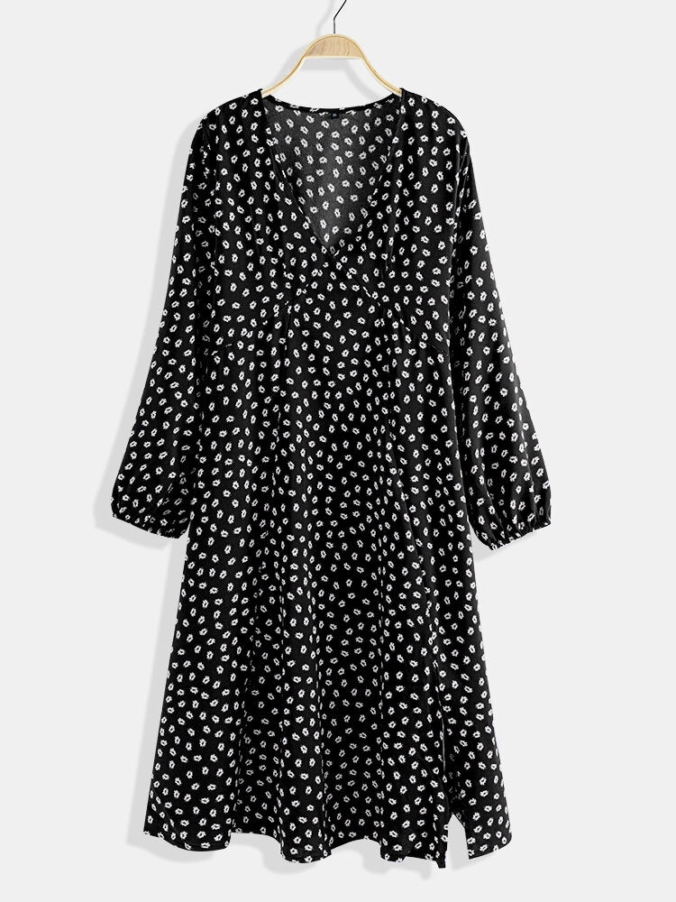 Chiffon Polka Dot Print Split Long Sleeve Causal Women Midi Dress