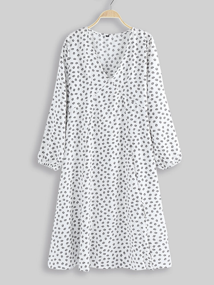 Chiffon Polka Dot Print Split Long Sleeve Causal Women Midi Dress