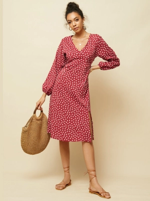 Chiffon Polka Dot Print Split Long Sleeve Causal Women Midi Dress