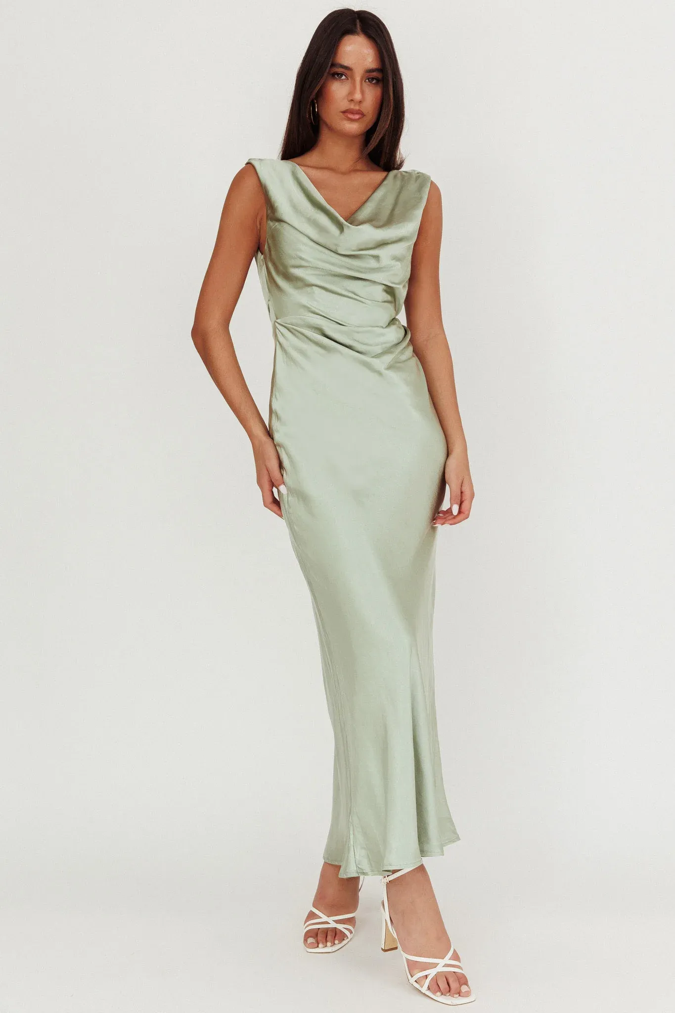 Chills Cowl Neck Satin Maxi Dress Sage