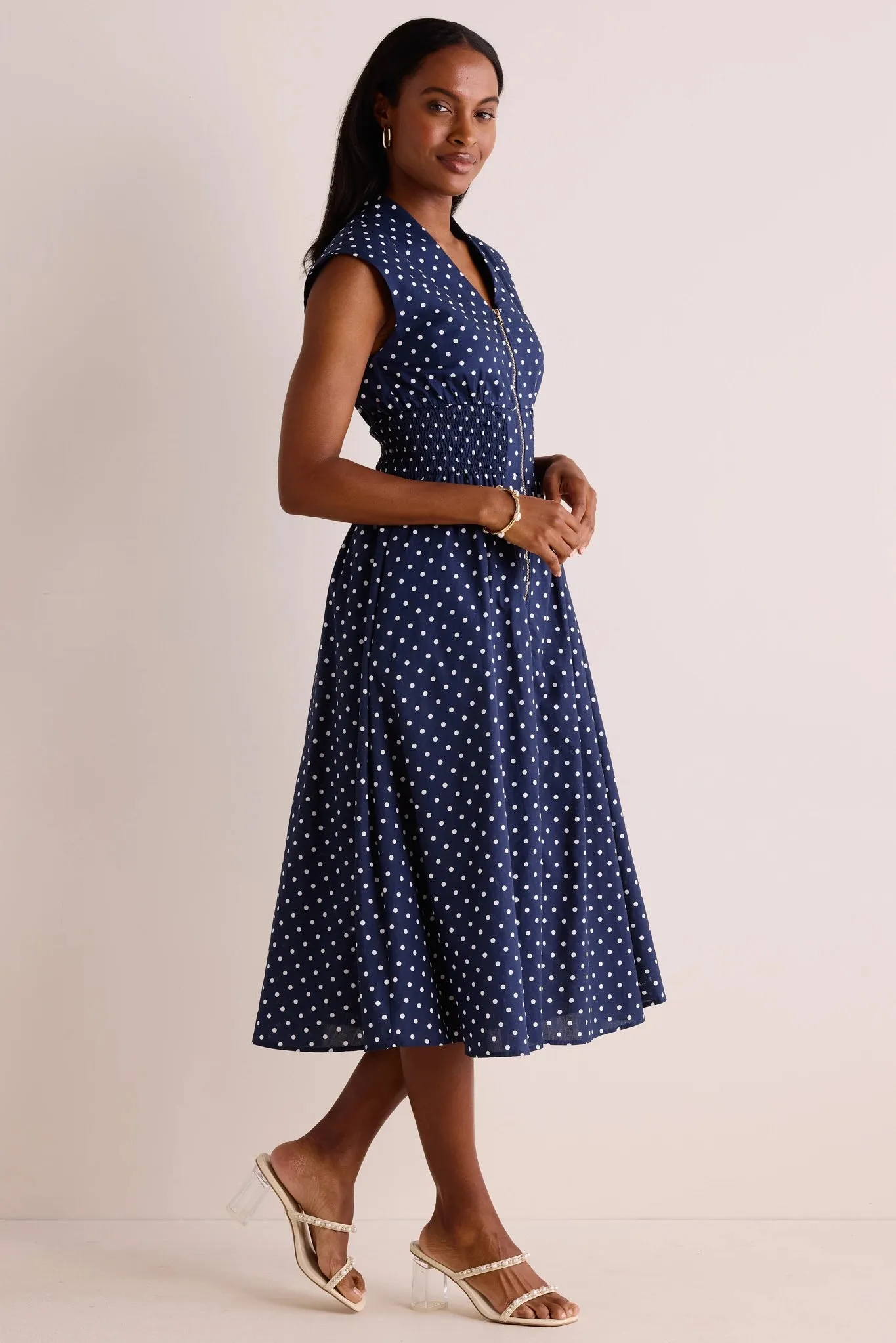 Collins Dress- Navy Polka Dot