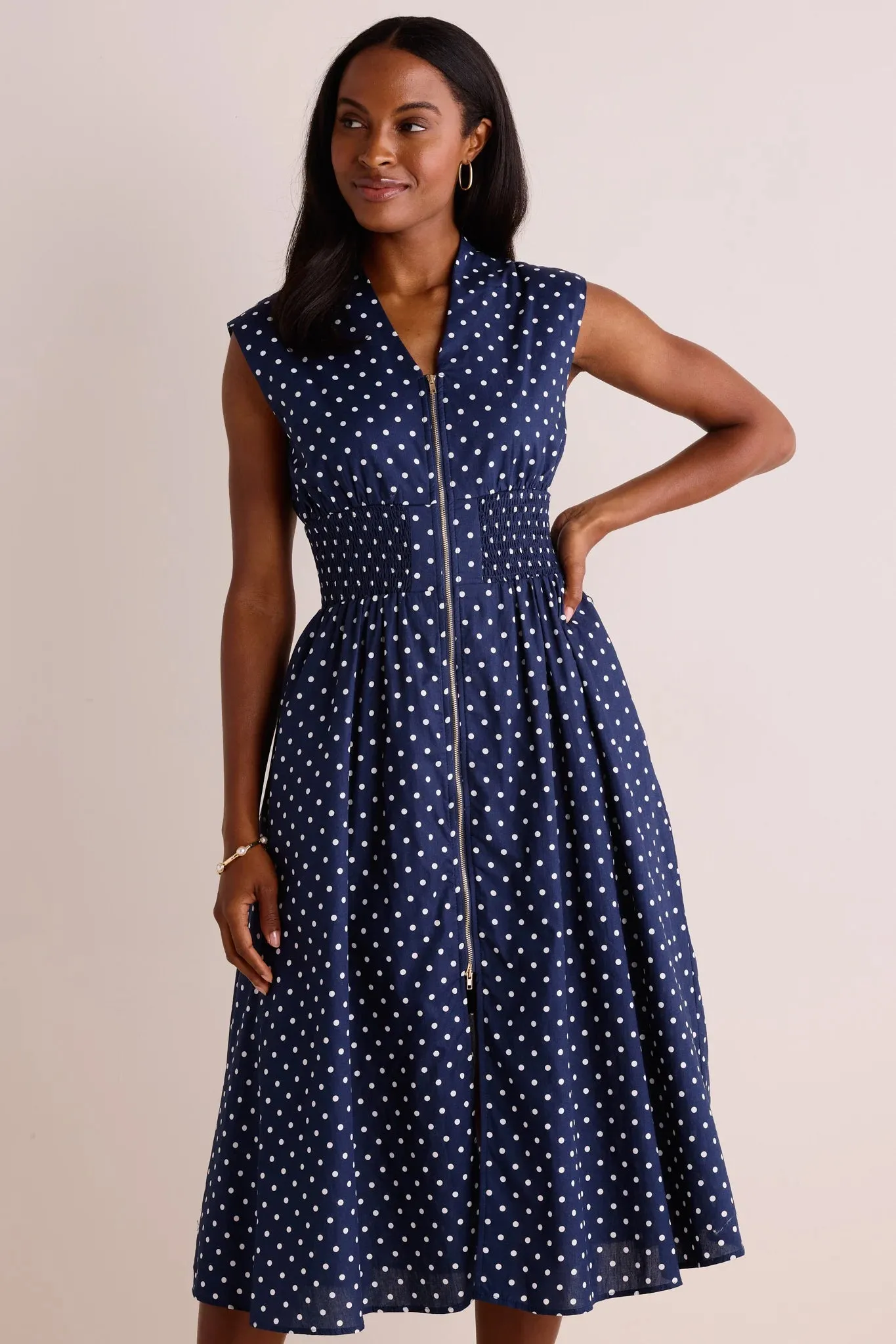 Collins Dress- Navy Polka Dot