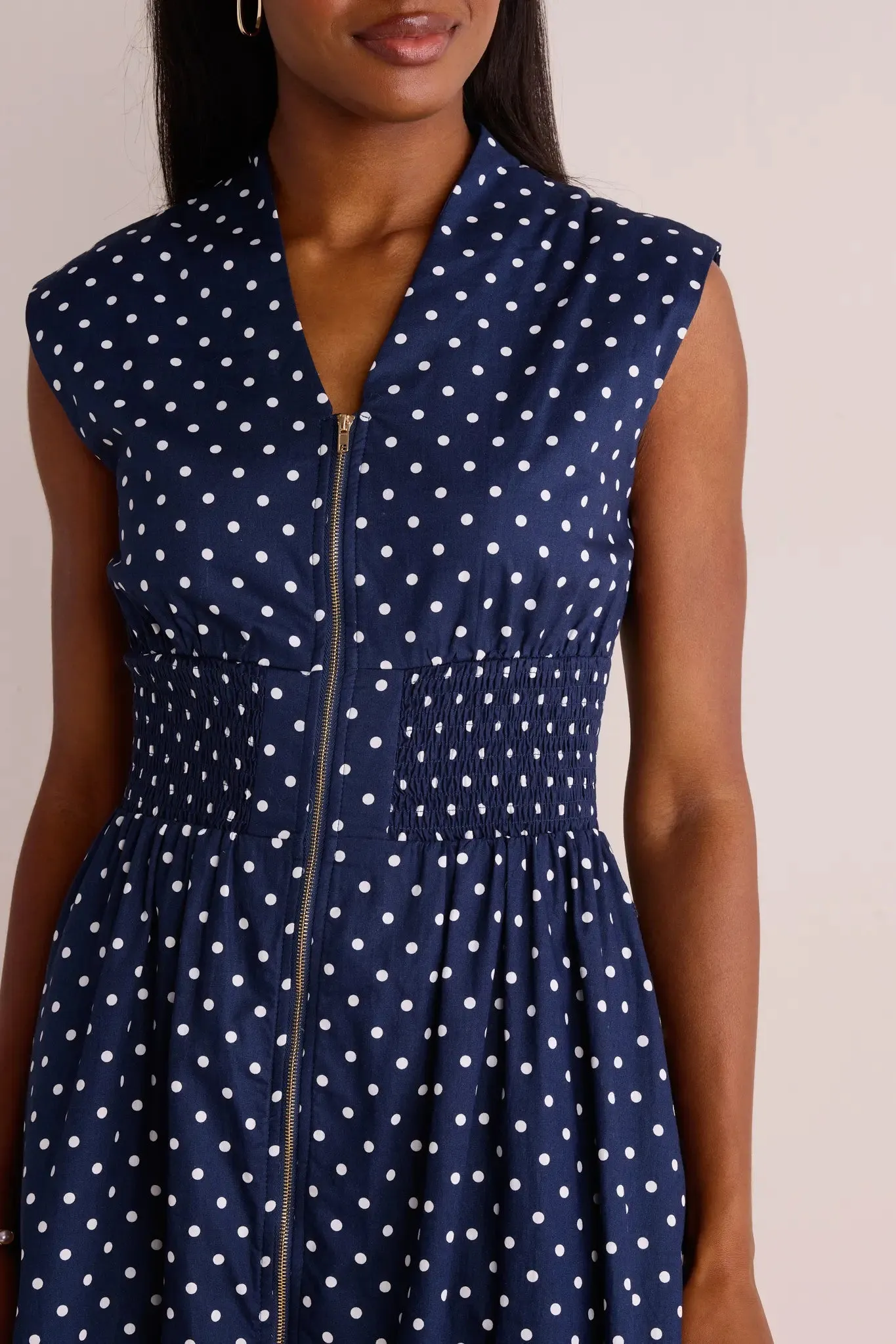 Collins Dress- Navy Polka Dot