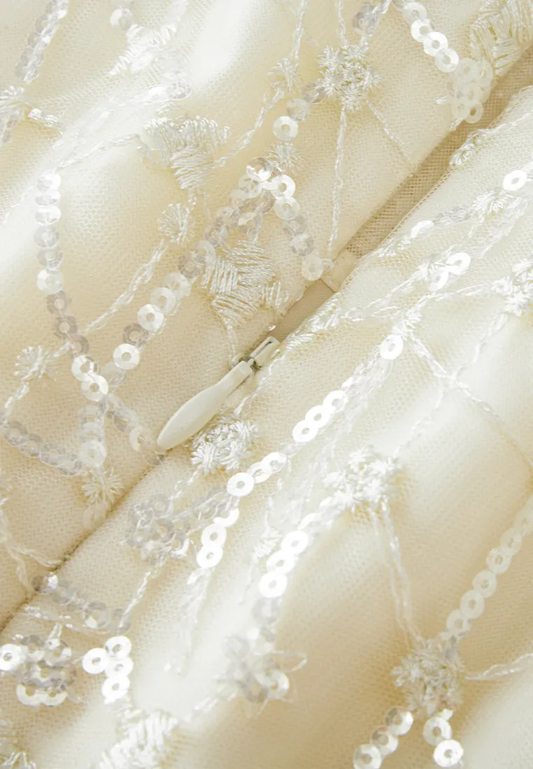 Embellished Lapel Puff-sleeve Mesh Dress