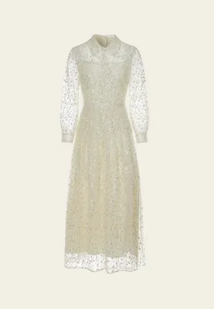Embellished Lapel Puff-sleeve Mesh Dress