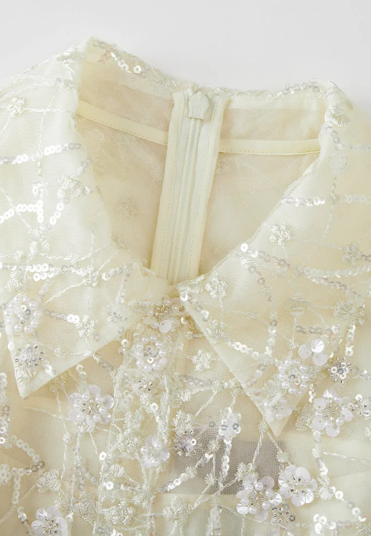 Embellished Lapel Puff-sleeve Mesh Dress
