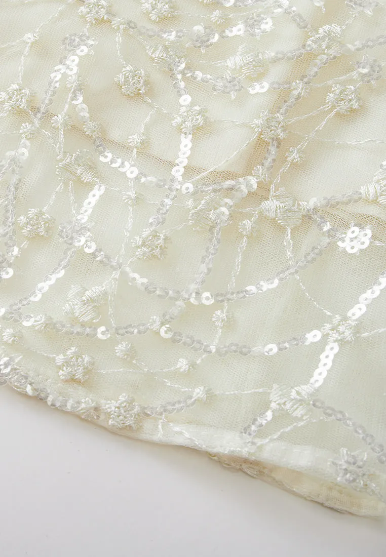 Embellished Lapel Puff-sleeve Mesh Dress