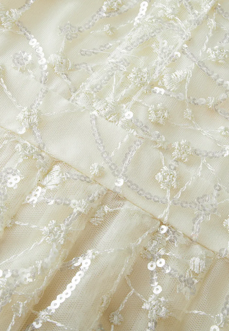 Embellished Lapel Puff-sleeve Mesh Dress