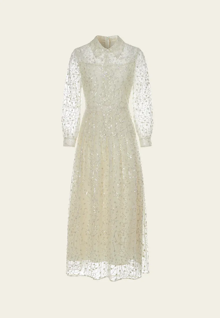 Embellished Lapel Puff-sleeve Mesh Dress