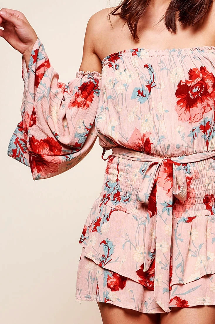 Emory Off Shoulder Shirred Waist Dress Pink