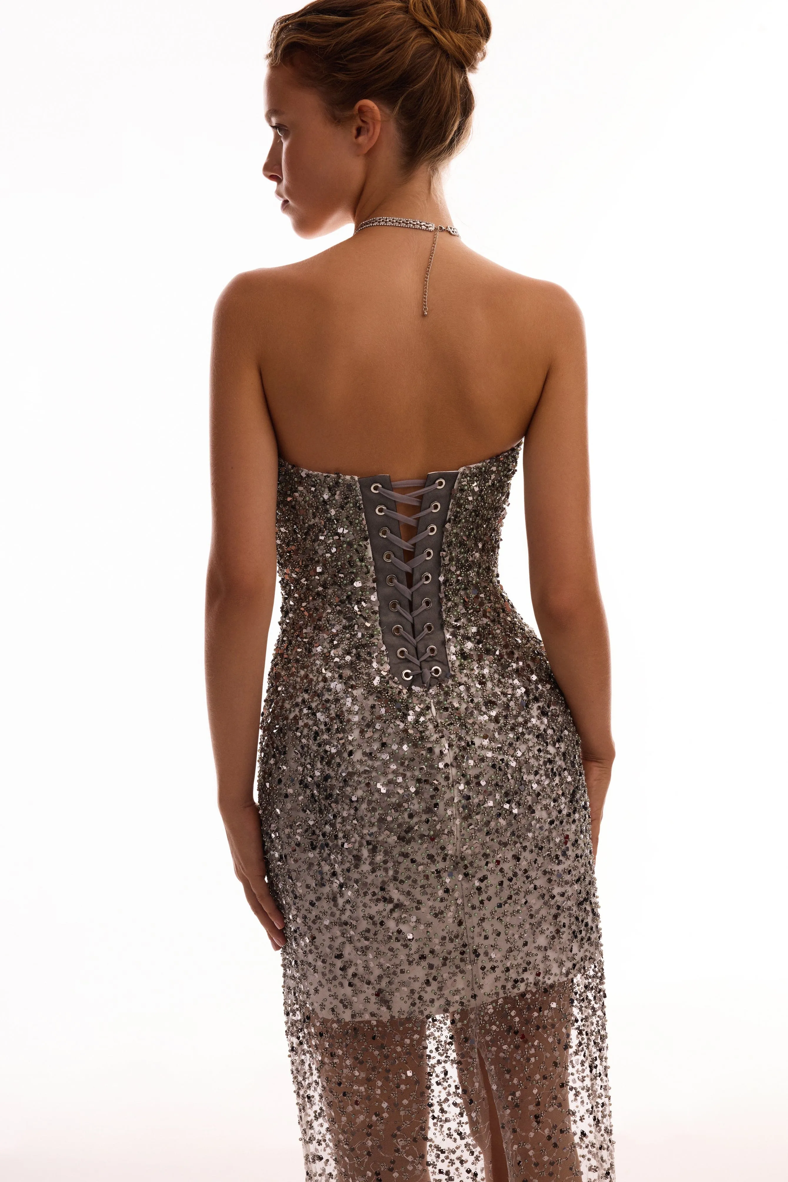 Entrance-worthy semi-sheer sequined silver maxi dress, Midnight Walk