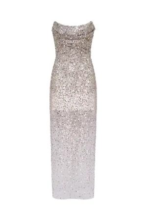 Entrance-worthy semi-sheer sequined silver maxi dress, Midnight Walk