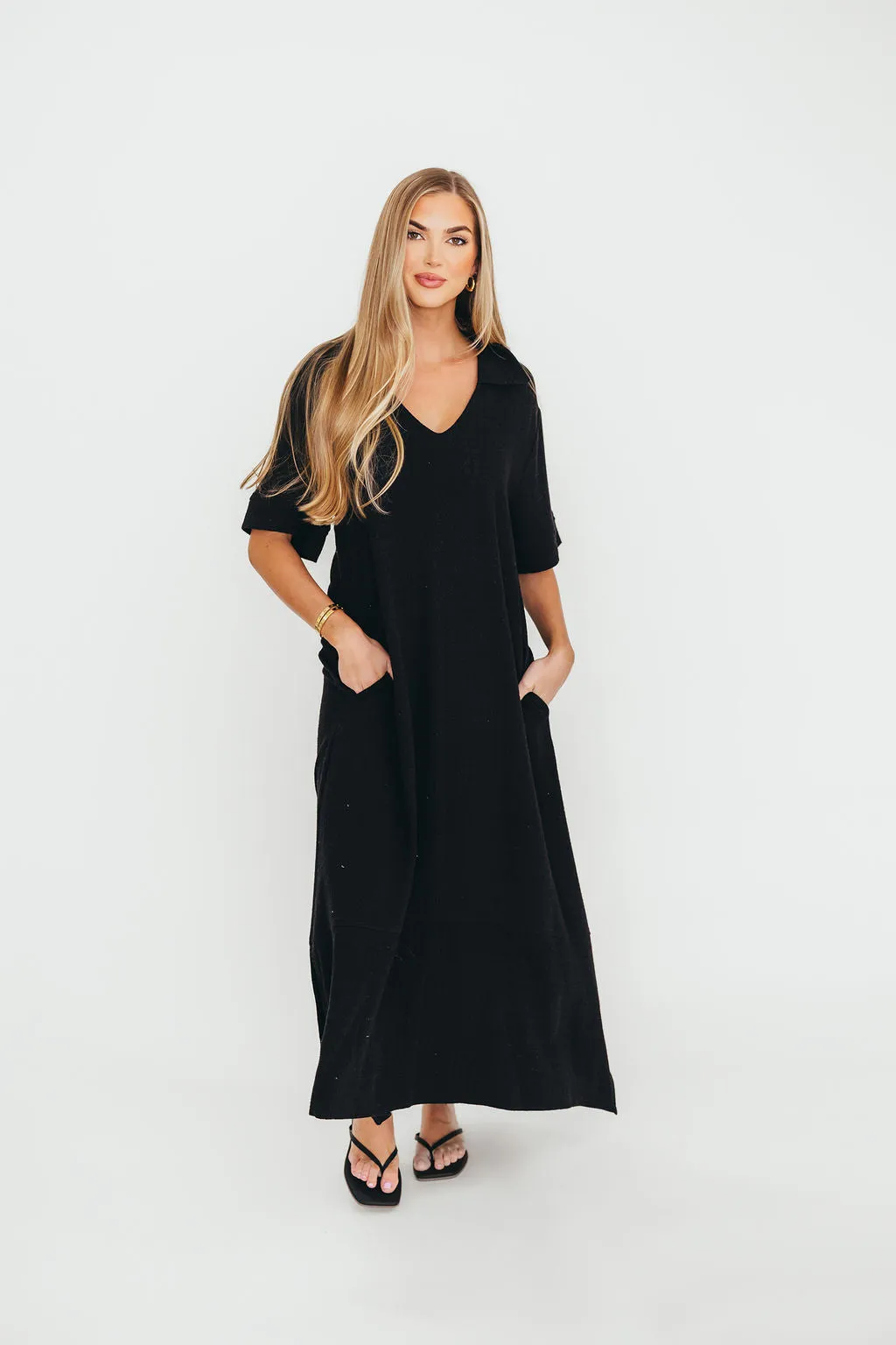 Fallon Linen-Blend Collared Midi Dress in Black - Bump Friendly