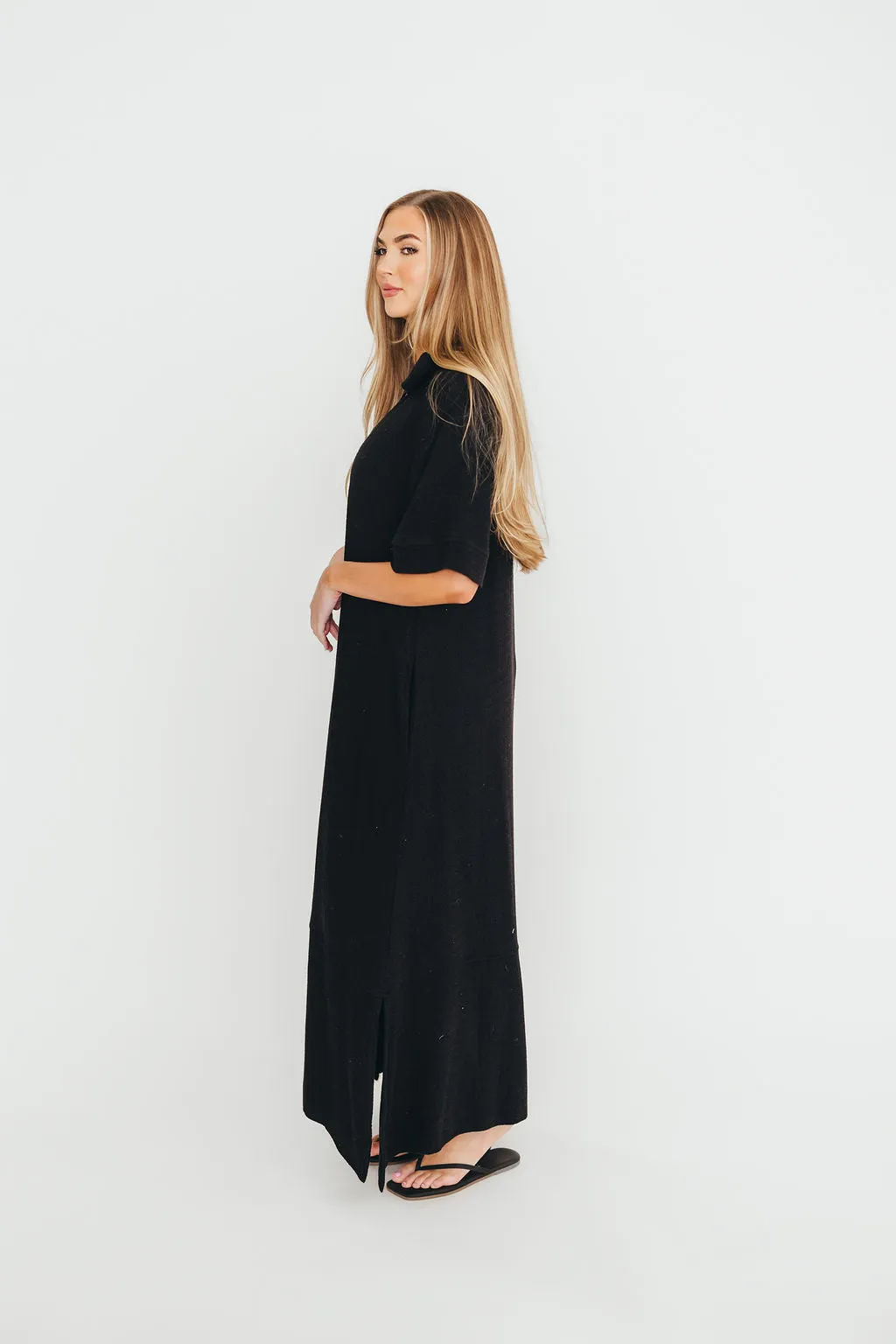 Fallon Linen-Blend Collared Midi Dress in Black - Bump Friendly