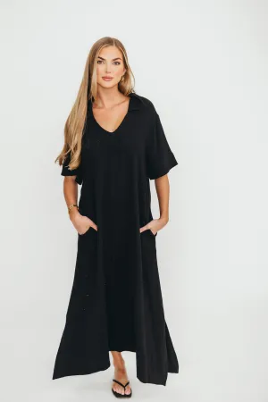 Fallon Linen-Blend Collared Midi Dress in Black - Bump Friendly
