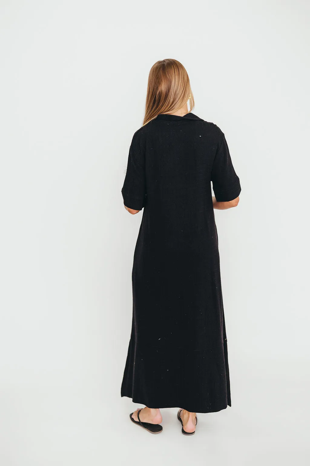 Fallon Linen-Blend Collared Midi Dress in Black - Bump Friendly