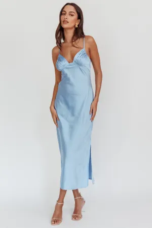Felicity Pleat Bust Split Midi Dress Blue