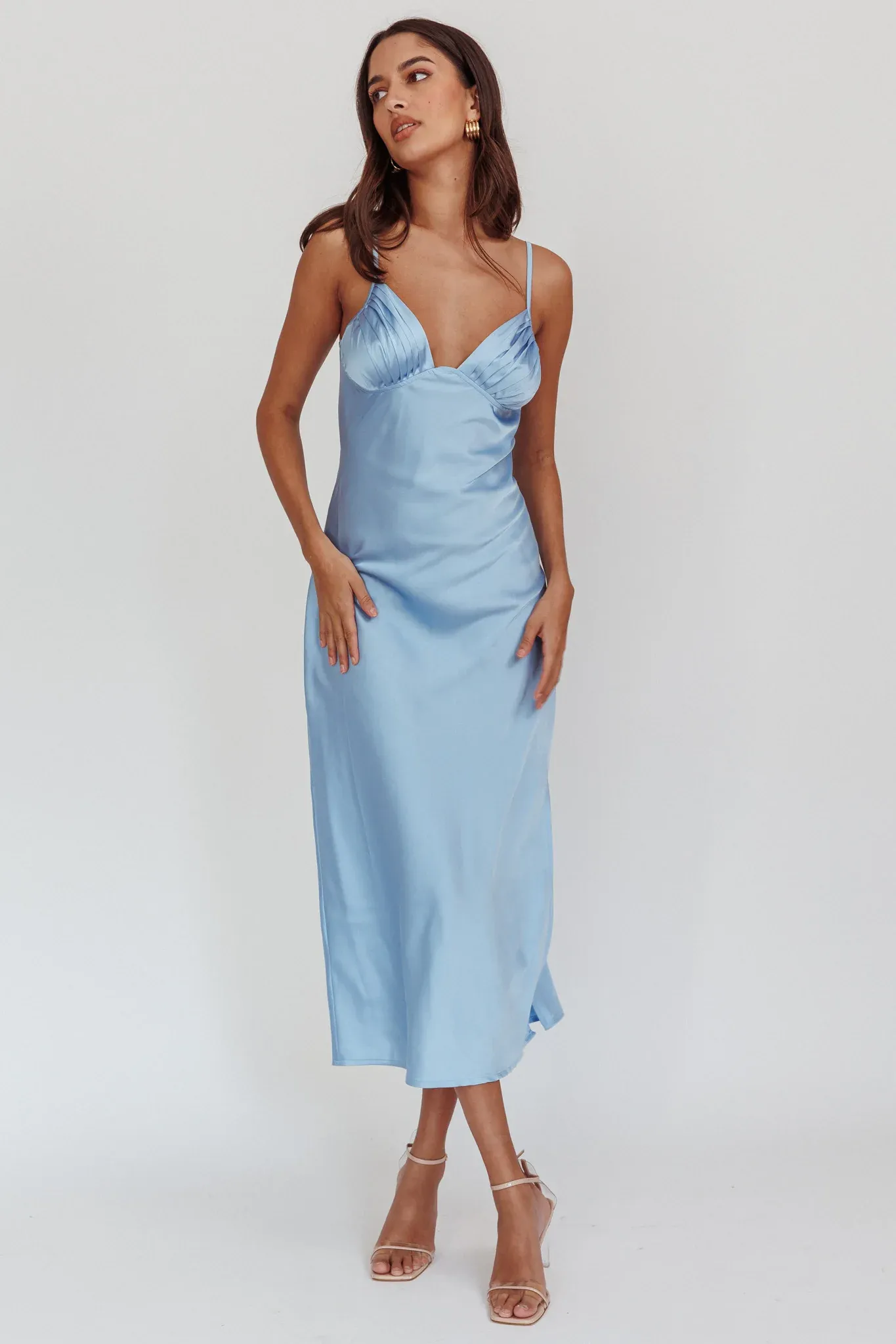 Felicity Pleat Bust Split Midi Dress Blue