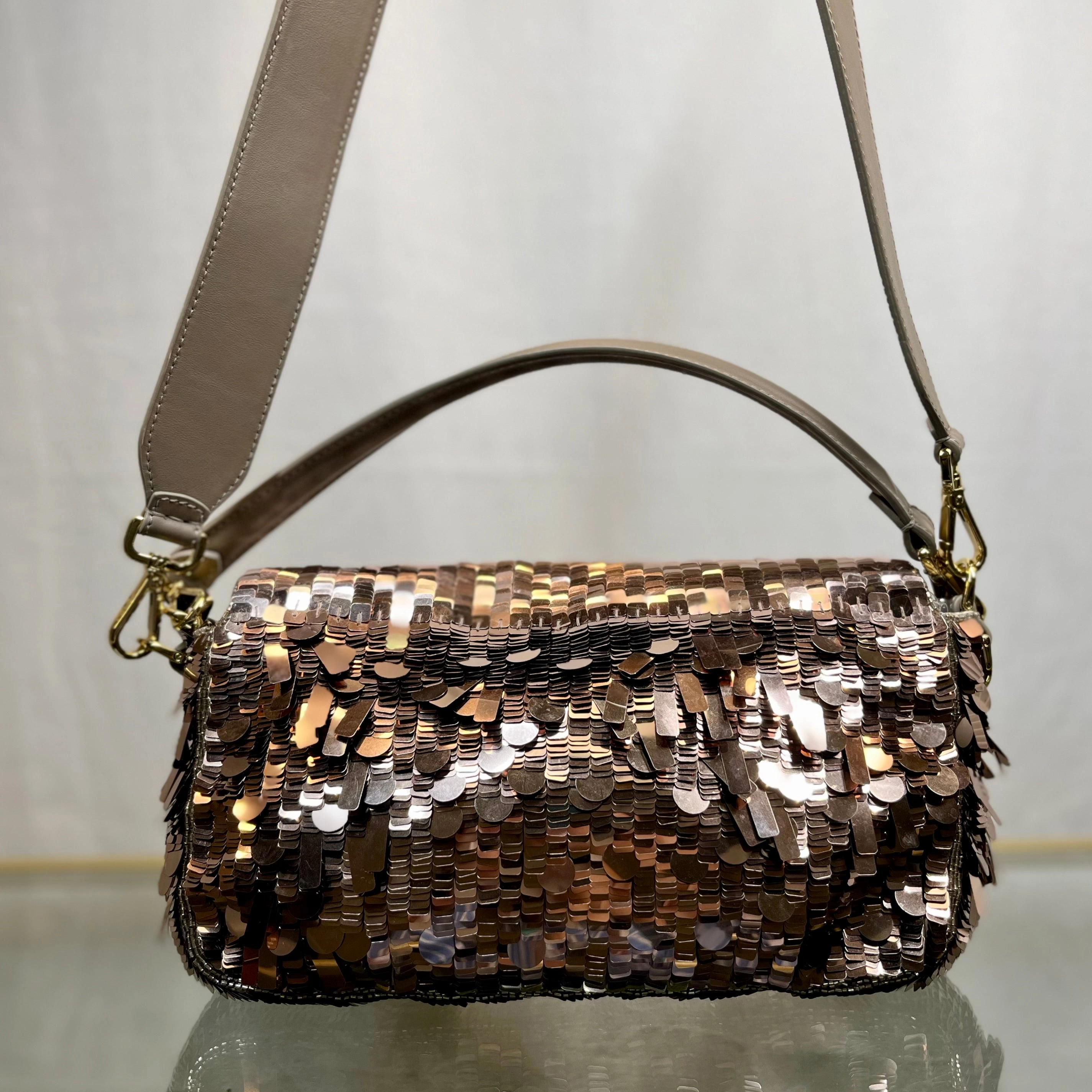 FENDI Tortora Sequin Paillettes Vitello Grace Sex and the City Baguette