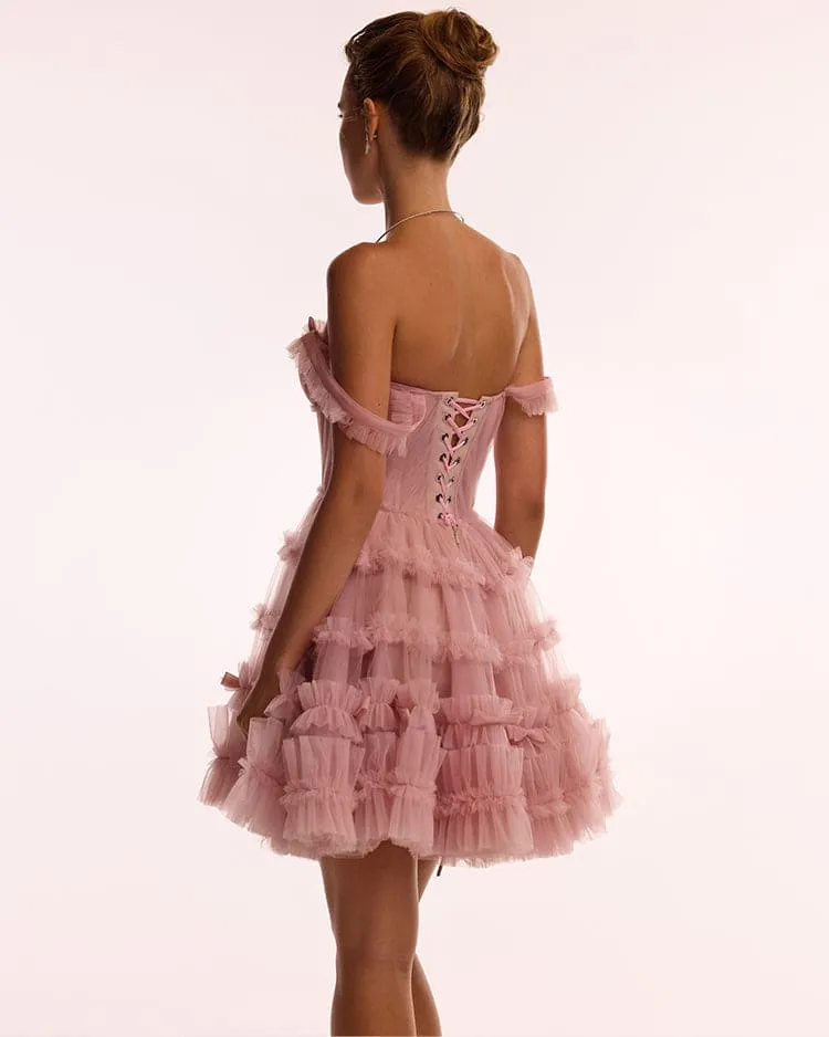 Flirty ruffled tulle mini dress in misty rose, Glow-Up