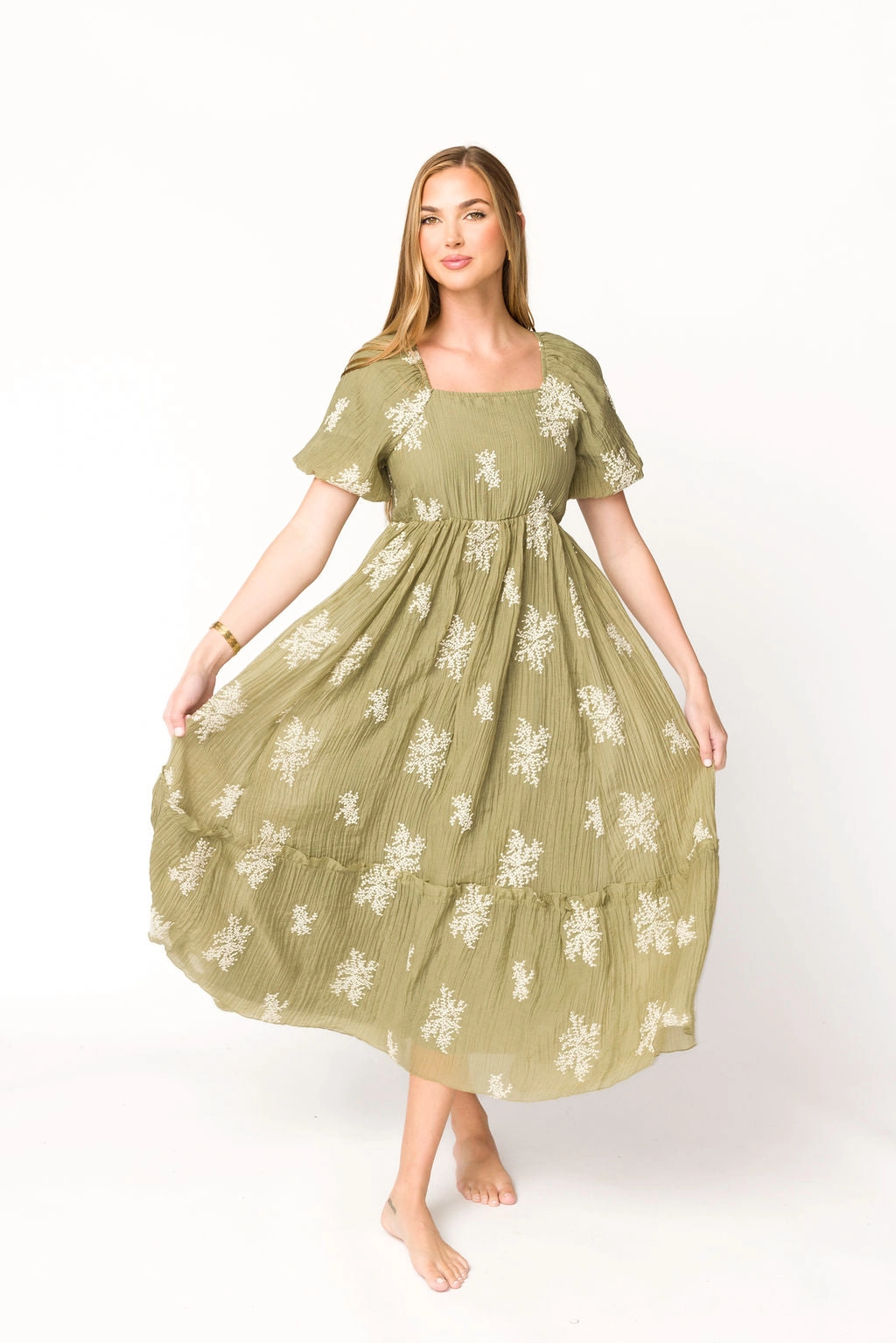 Hallie Embroidered Maxi Dress in Olive - Bump Friendly & Inclusive Sizing (S-3XL)