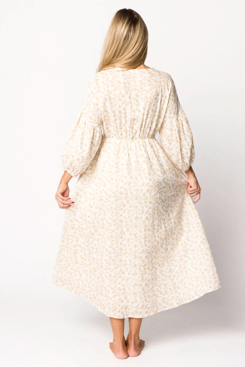 Hunter 100% Cotton Gauze Midi Dress in Natural/Fawn Floral - Bump Friendly
