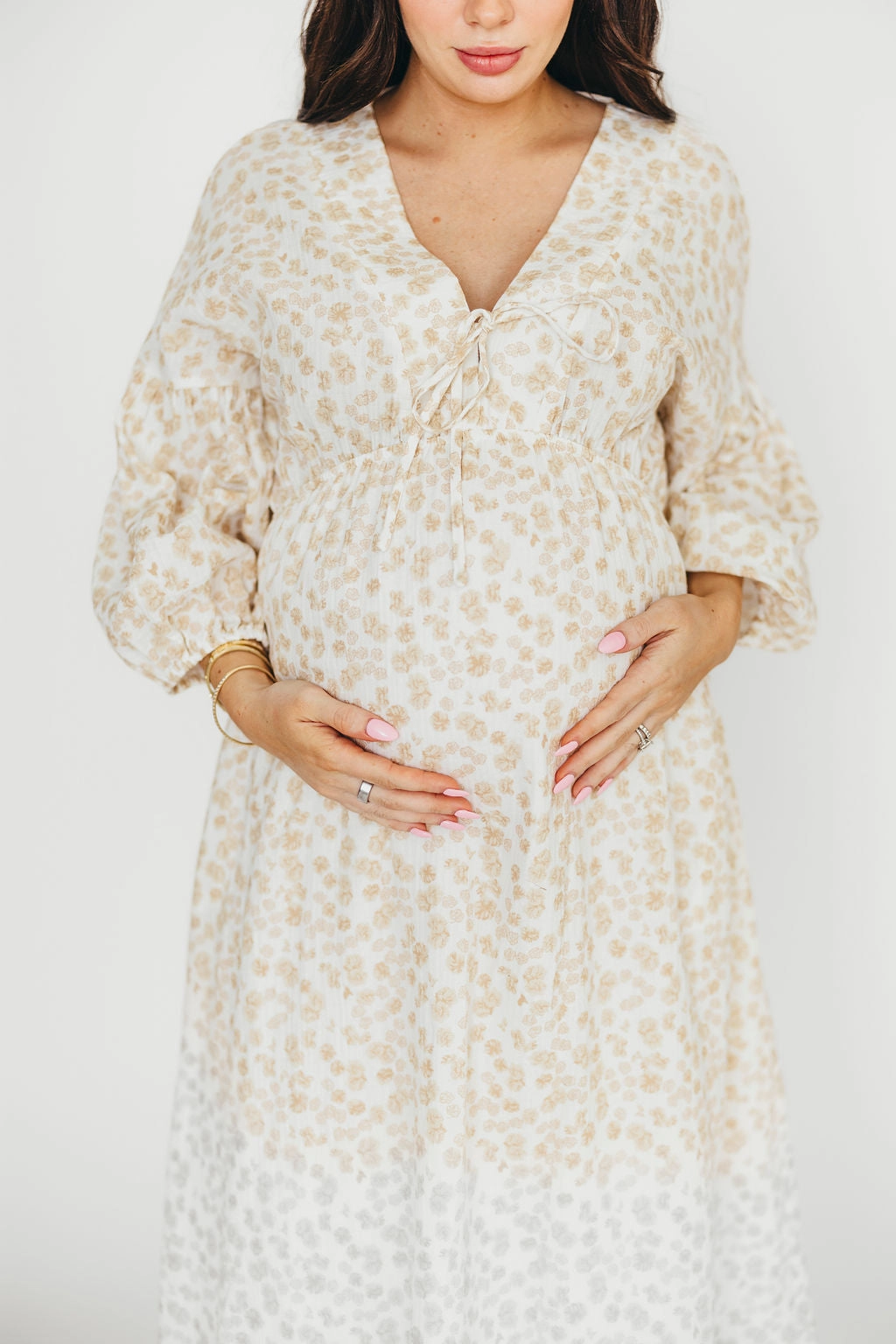 Hunter 100% Cotton Gauze Midi Dress in Natural/Fawn Floral - Bump Friendly