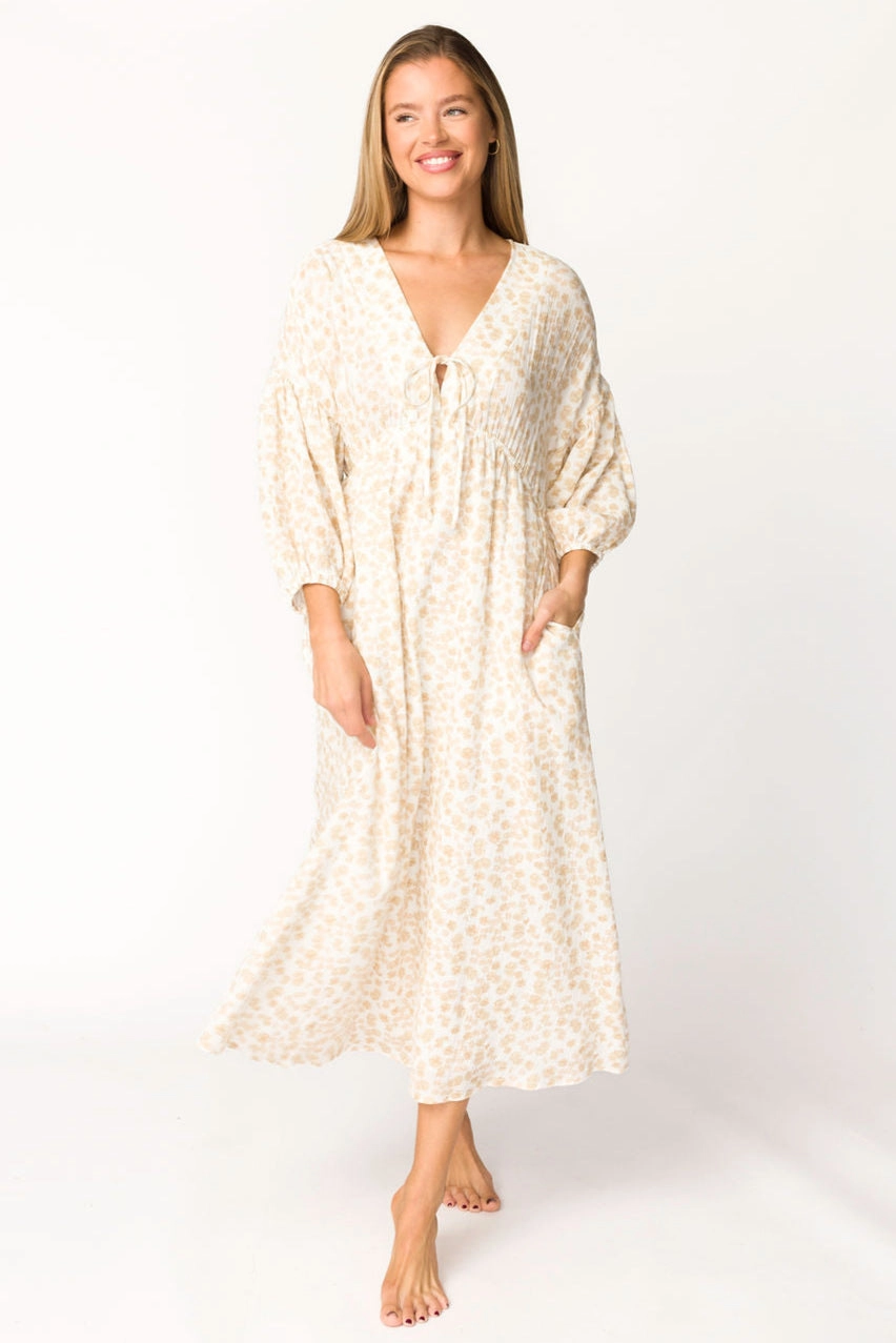 Hunter 100% Cotton Gauze Midi Dress in Natural/Fawn Floral - Bump Friendly