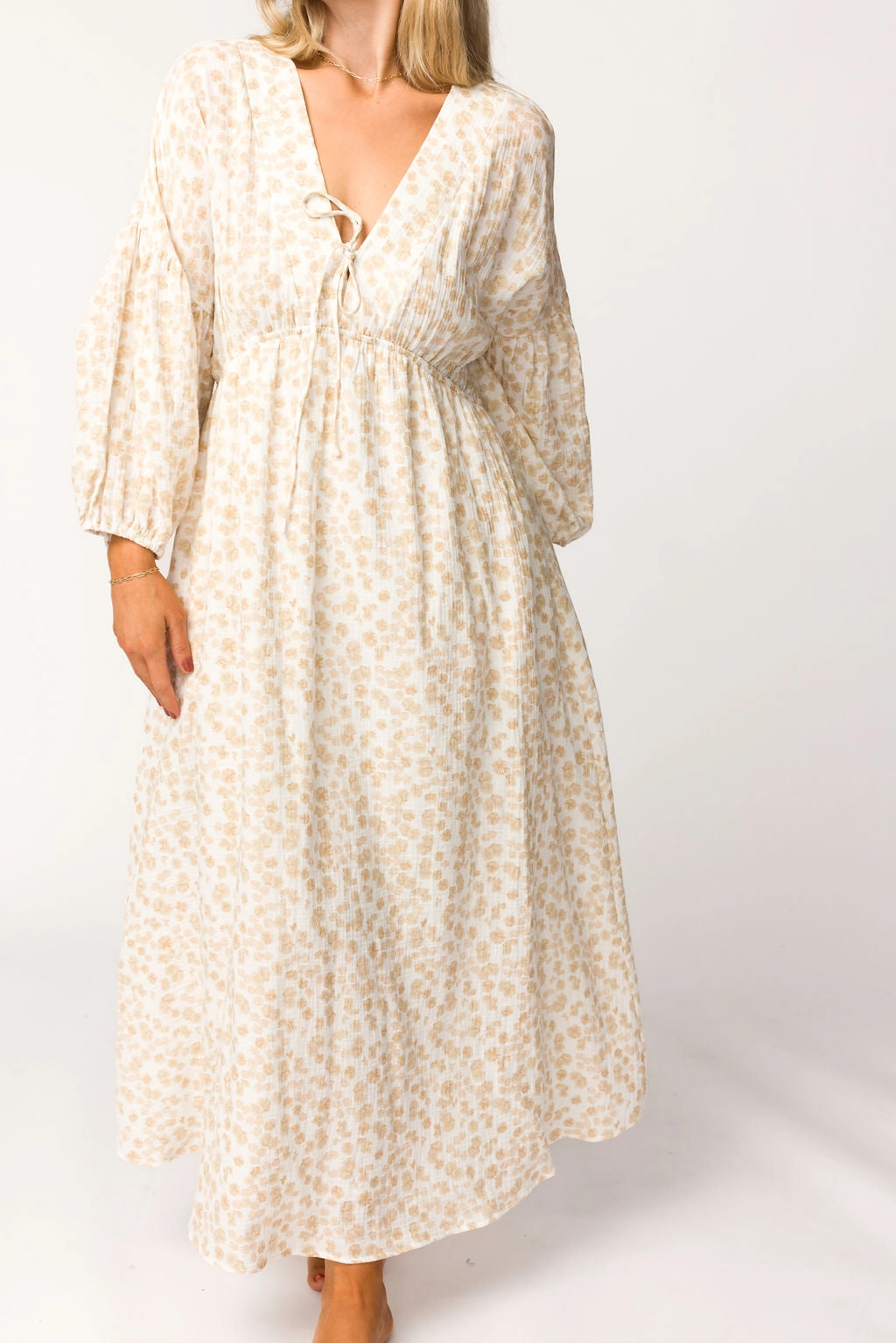 Hunter 100% Cotton Gauze Midi Dress in Natural/Fawn Floral - Bump Friendly