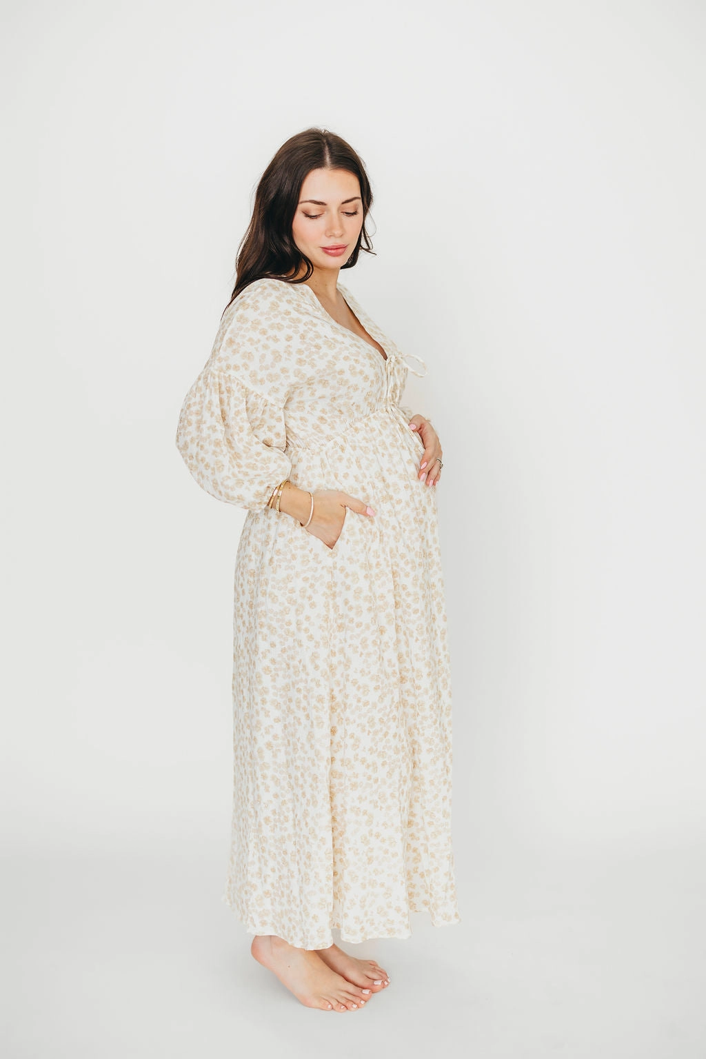 Hunter 100% Cotton Gauze Midi Dress in Natural/Fawn Floral - Bump Friendly