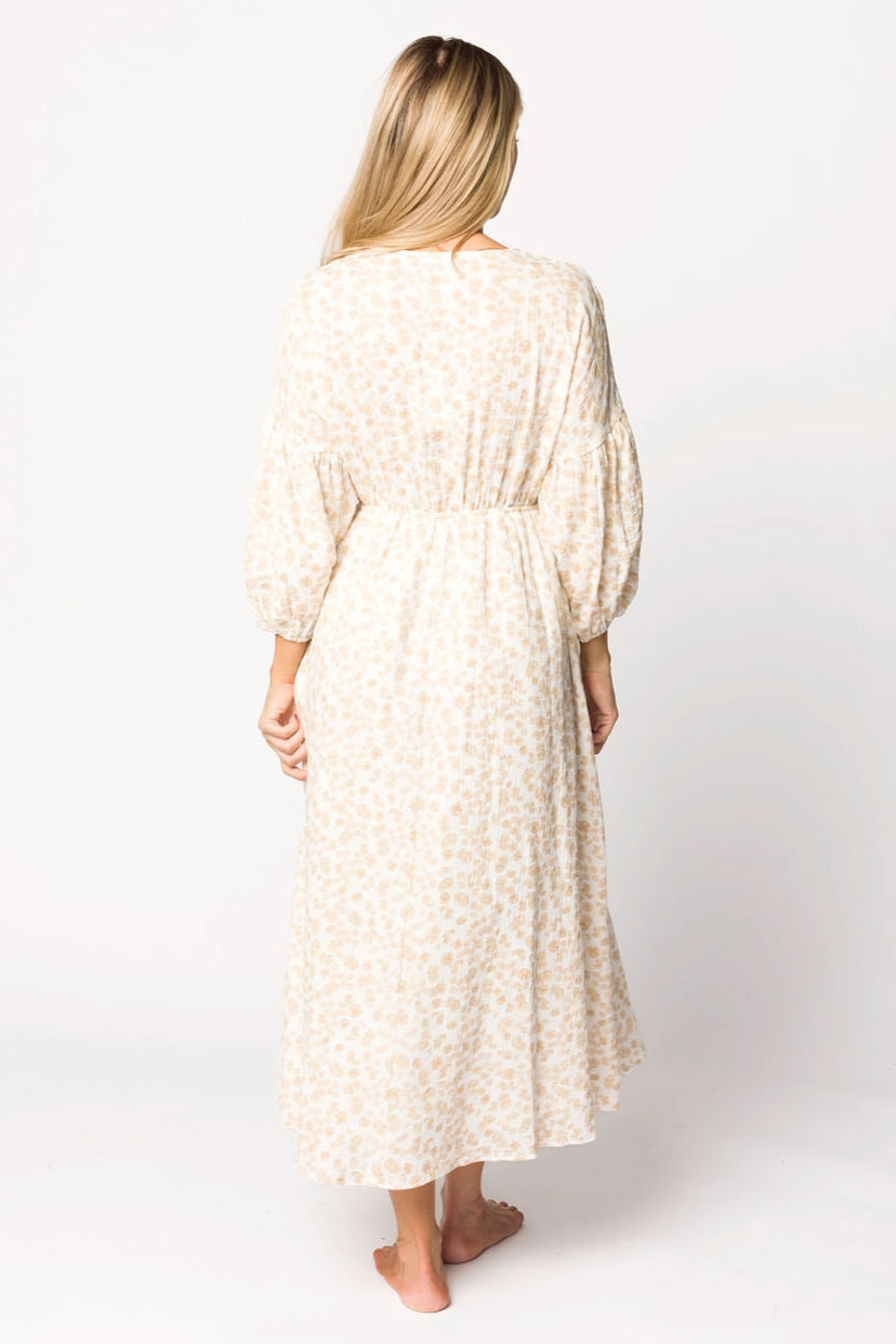 Hunter 100% Cotton Gauze Midi Dress in Natural/Fawn Floral - Bump Friendly