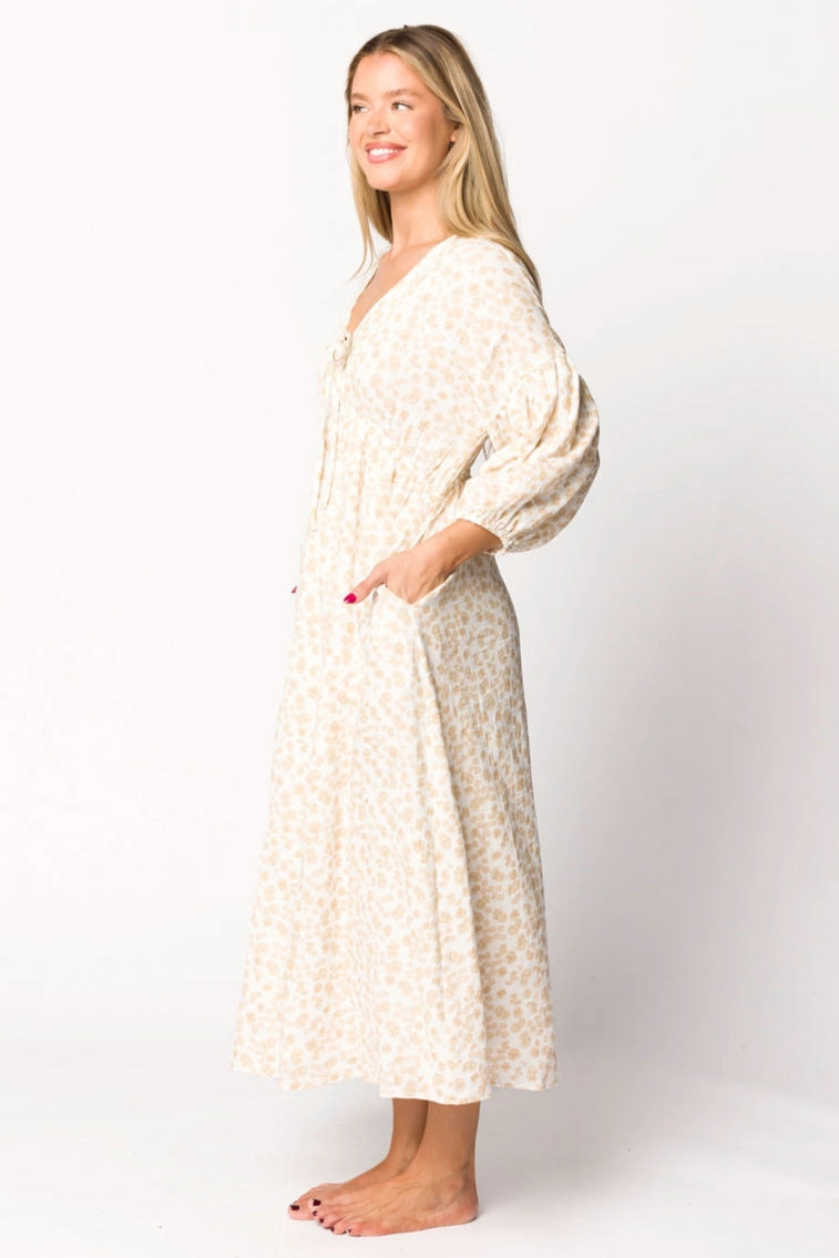 Hunter 100% Cotton Gauze Midi Dress in Natural/Fawn Floral - Bump Friendly