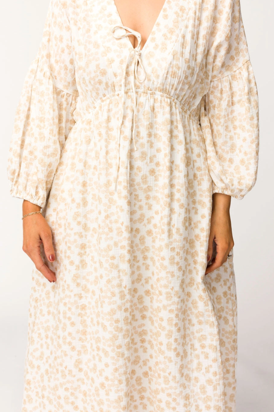 Hunter 100% Cotton Gauze Midi Dress in Natural/Fawn Floral - Bump Friendly
