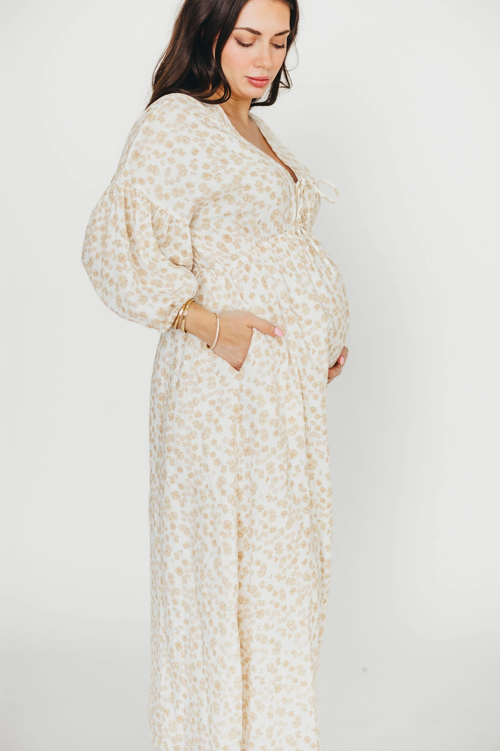 Hunter 100% Cotton Gauze Midi Dress in Natural/Fawn Floral - Bump Friendly