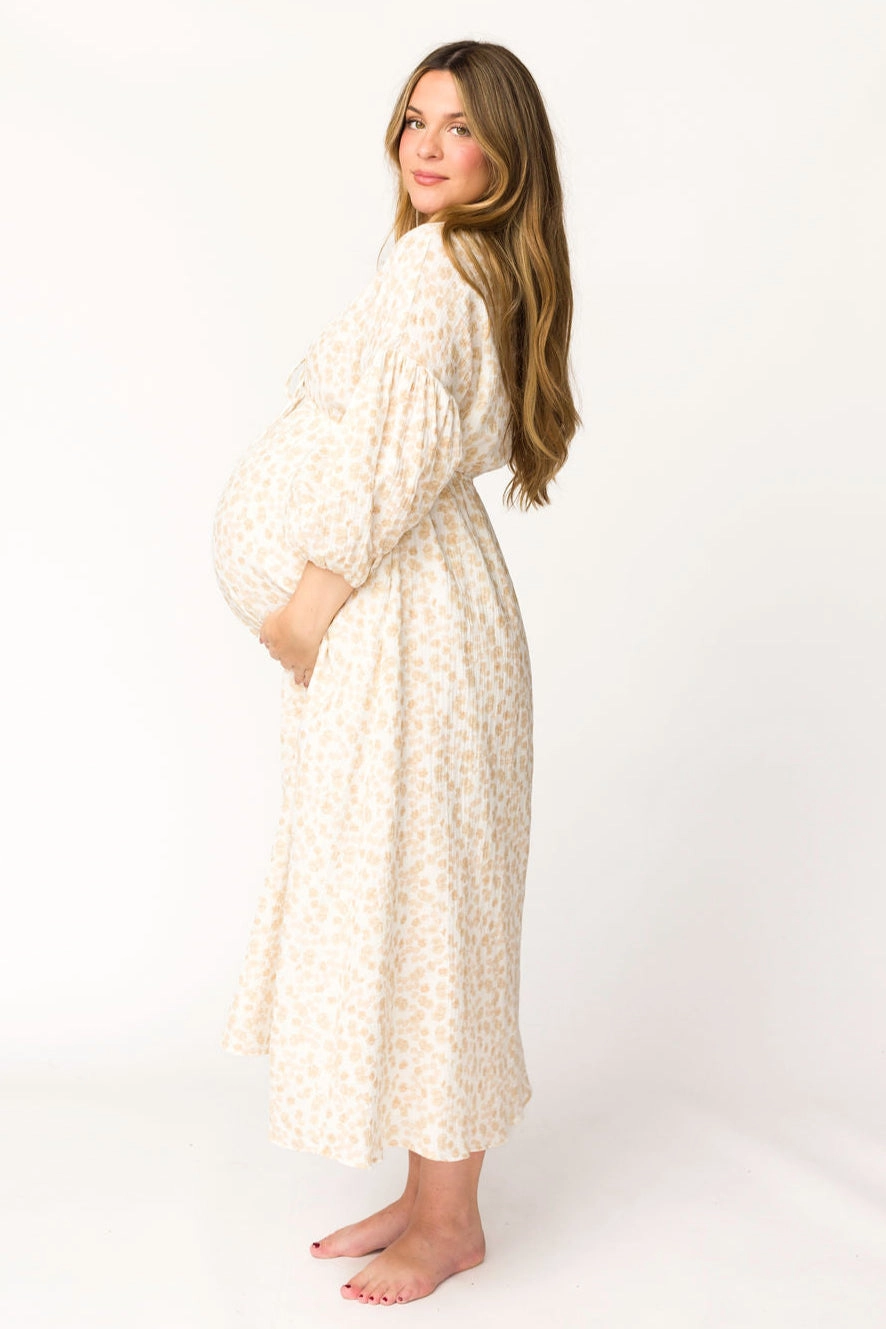 Hunter 100% Cotton Gauze Midi Dress in Natural/Fawn Floral - Bump Friendly