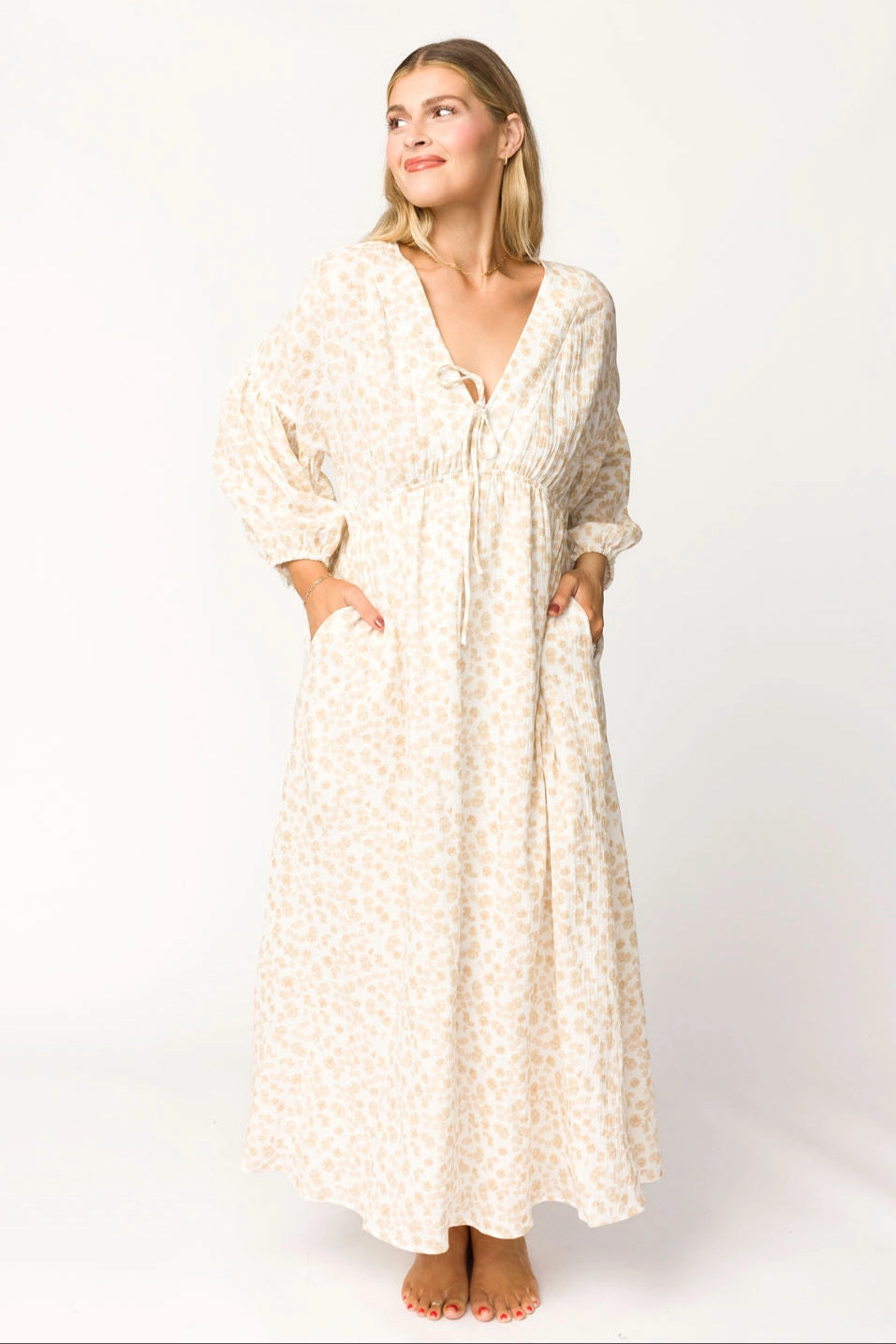 Hunter 100% Cotton Gauze Midi Dress in Natural/Fawn Floral - Bump Friendly
