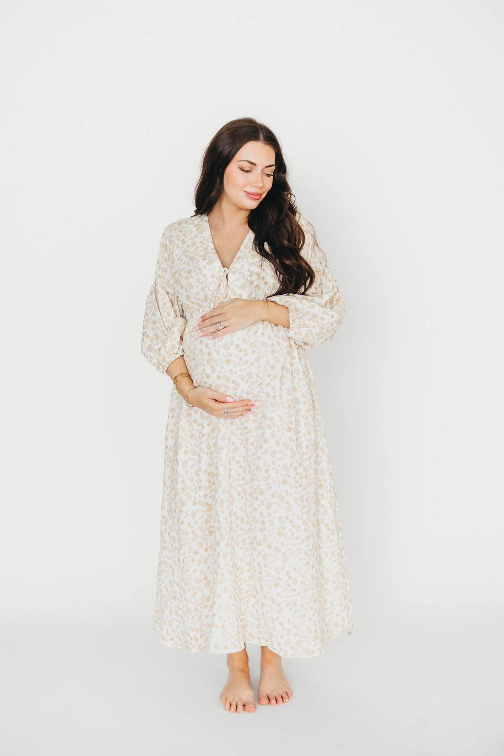 Hunter 100% Cotton Gauze Midi Dress in Natural/Fawn Floral - Bump Friendly
