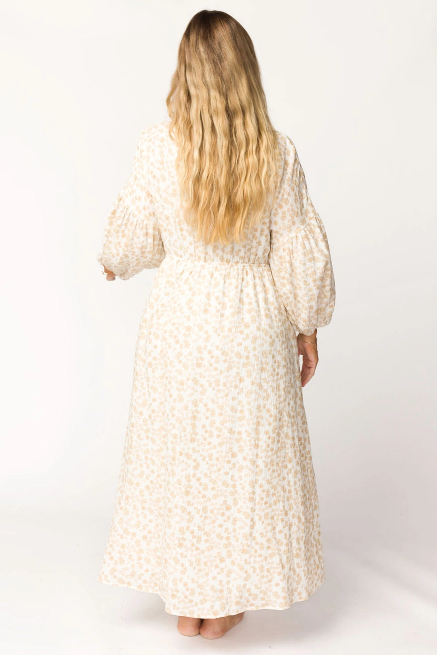 Hunter 100% Cotton Gauze Midi Dress in Natural/Fawn Floral - Bump Friendly