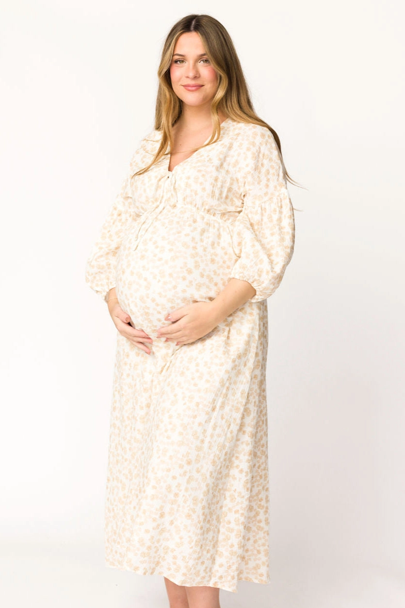Hunter 100% Cotton Gauze Midi Dress in Natural/Fawn Floral - Bump Friendly