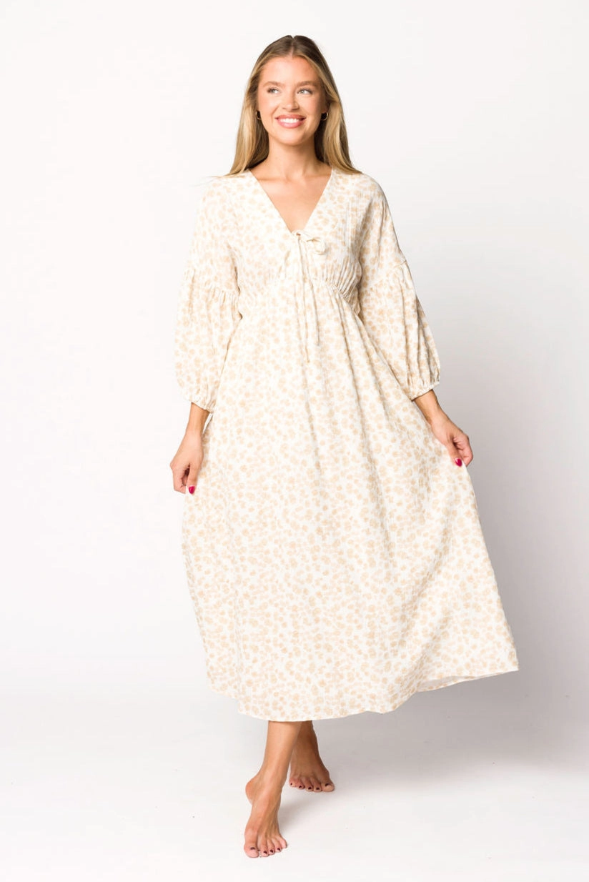 Hunter 100% Cotton Gauze Midi Dress in Natural/Fawn Floral - Bump Friendly