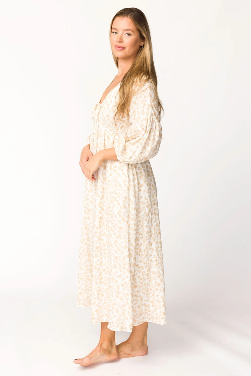 Hunter 100% Cotton Gauze Midi Dress in Natural/Fawn Floral - Bump Friendly