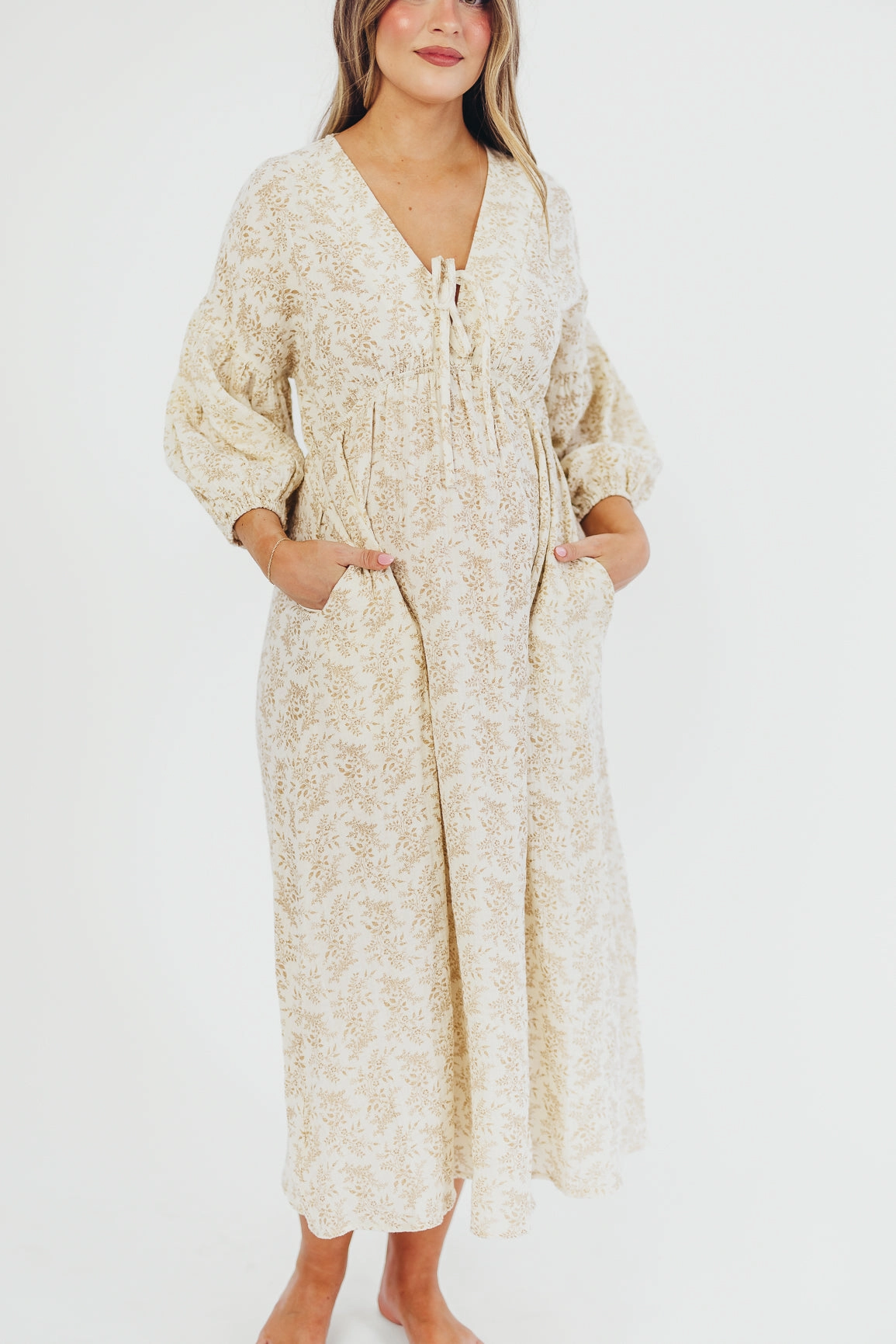 Hunter 100% Cotton Gauze Midi Dress in Natural/Tan Floral - Bump Friendly and Inclusive Sizing