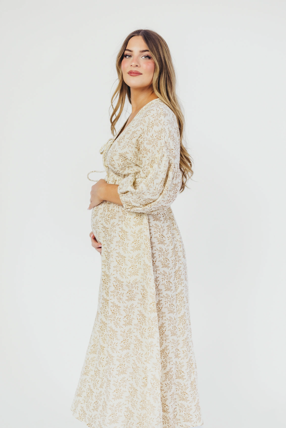 Hunter 100% Cotton Gauze Midi Dress in Natural/Tan Floral - Bump Friendly and Inclusive Sizing
