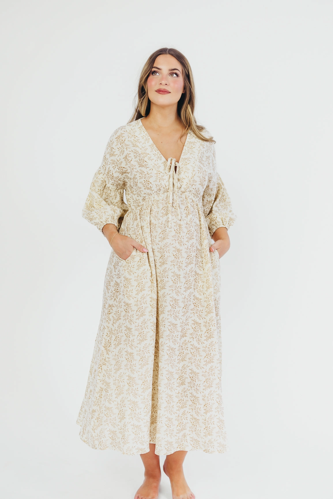 Hunter 100% Cotton Gauze Midi Dress in Natural/Tan Floral - Bump Friendly and Inclusive Sizing
