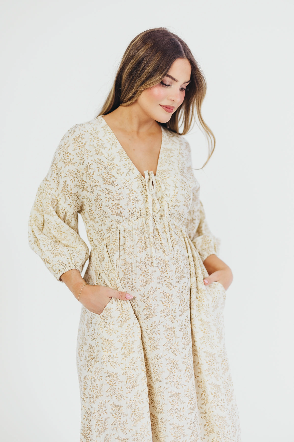 Hunter 100% Cotton Gauze Midi Dress in Natural/Tan Floral - Bump Friendly and Inclusive Sizing