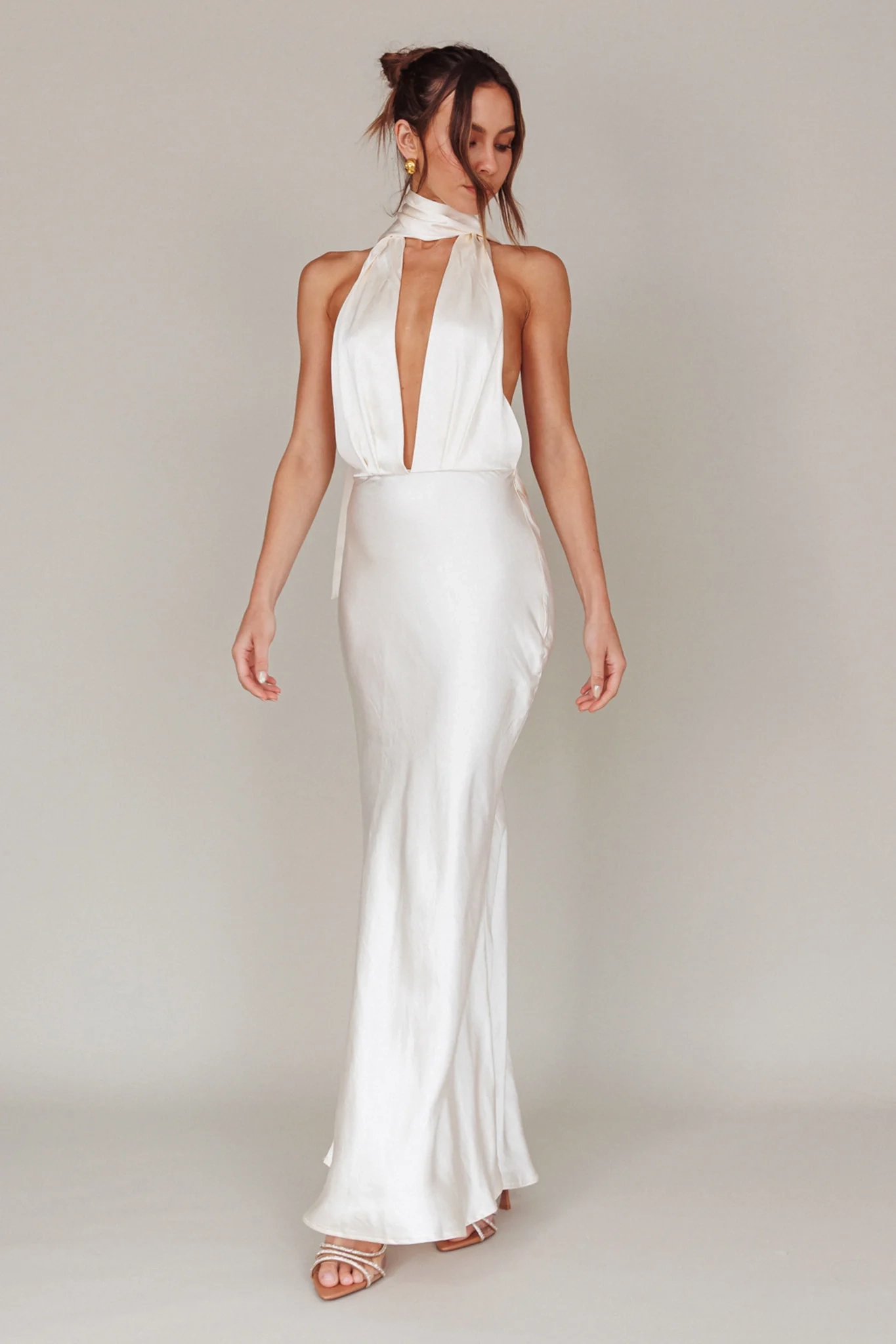 Italia Azure Halterneck Maxi Dress Oyster