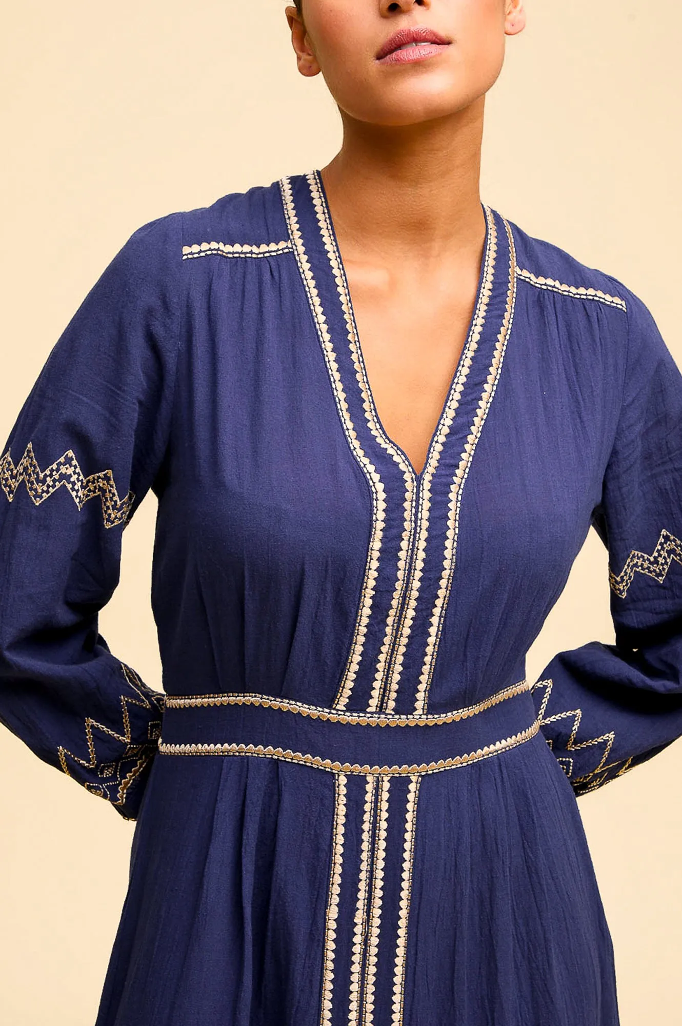 Jamila Embroidered Dress | Navy/Gold
